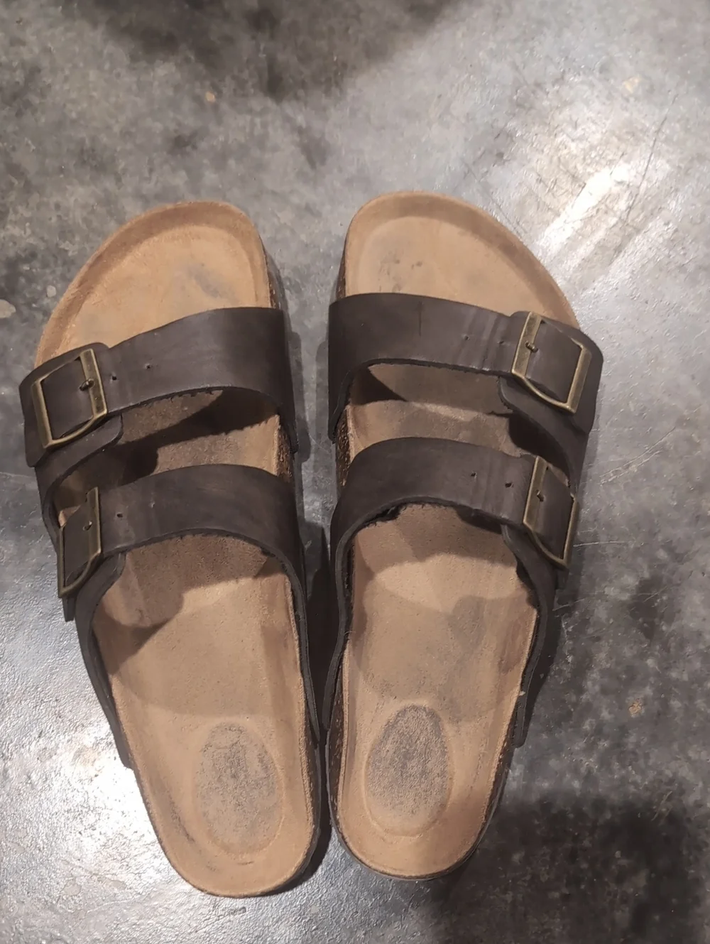 Mens Double-Strap Brown Leather Slide Sandals